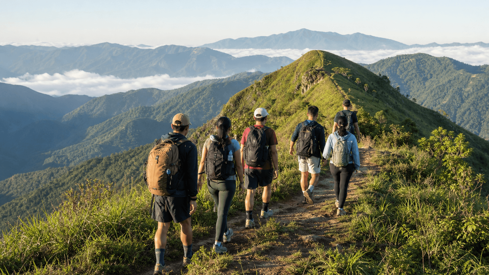 A group of Filipino hikers walking together along a mountain ridge