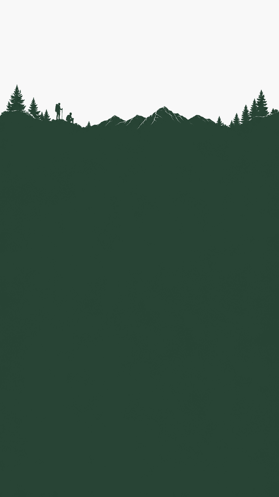 A minimalist mountain ridge with hikers and pine trees
